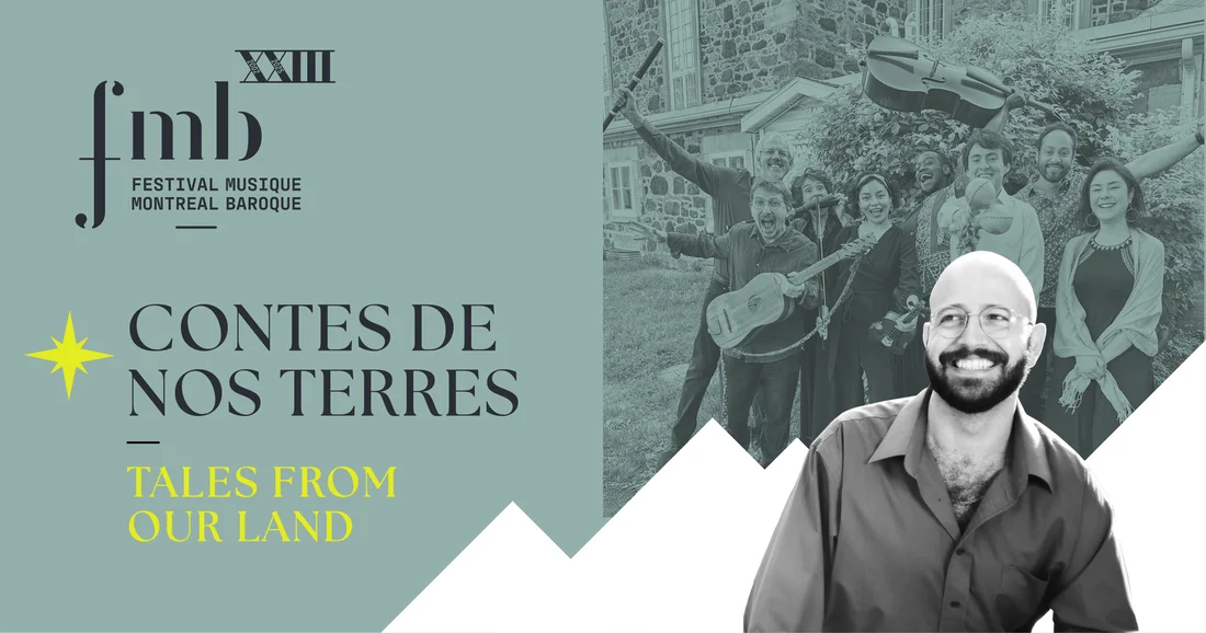 Teal image with the Festival's logo, the title of the concert, a happy photo of ClassiqueInclusif and another one of Haitham Haidar smiling