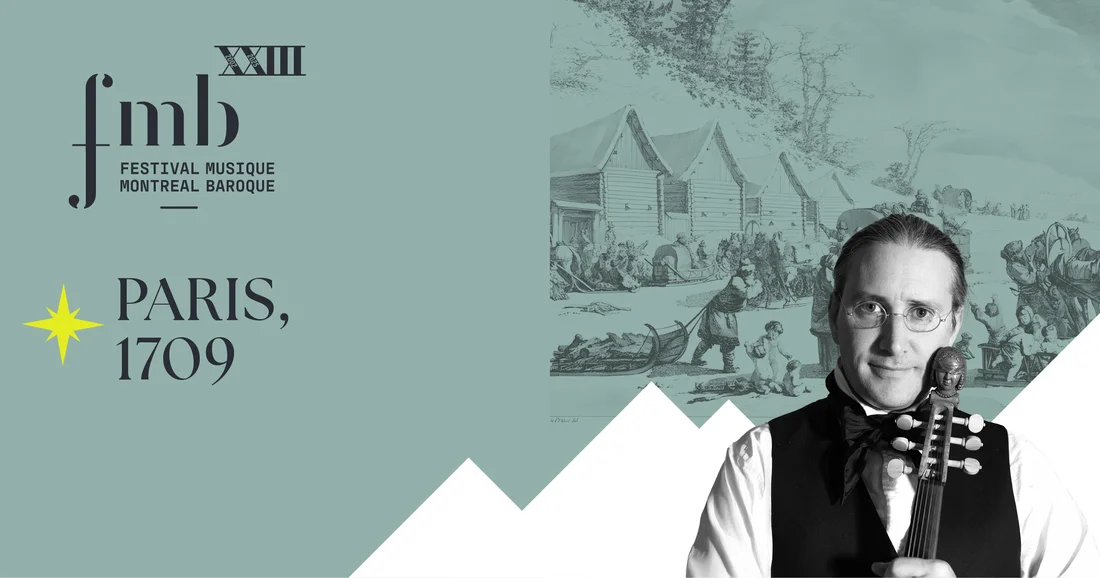 Vignette turquoise avec le logo du Festival, le titre du concert et une image d'Olivier Brault avec son violon, superposé sur un dessin de villageois baroques