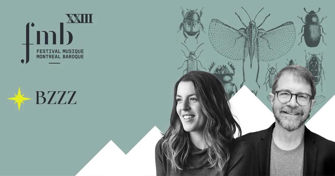 Teal image with the Festival's logo, the title of the concert, and photos of Hanx Knox and Andréanne Brisson-Paquin over line drawings of beetles and butterflies