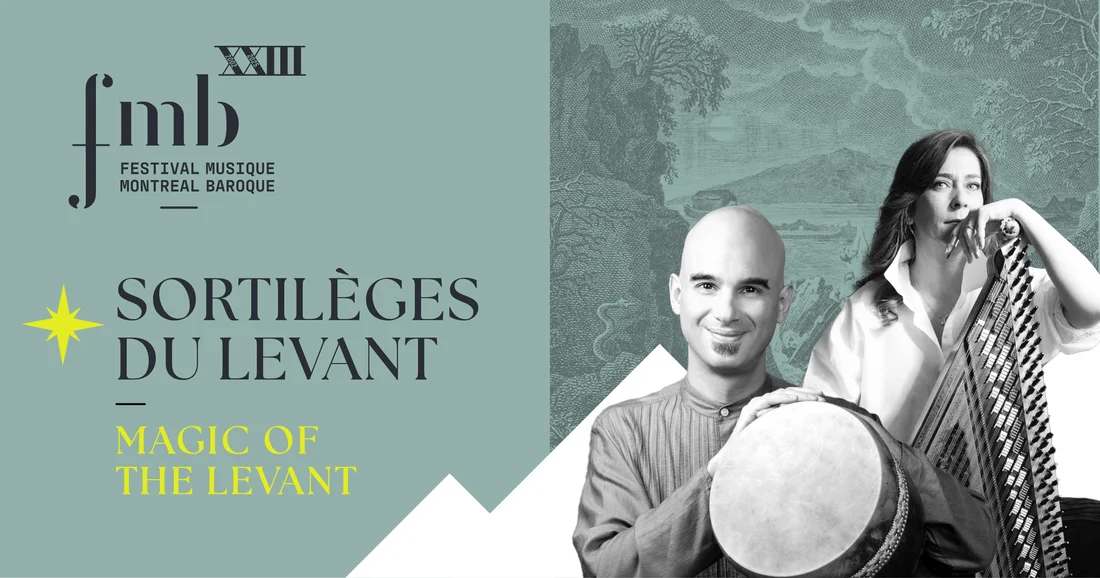 Vignette turquoise avec le logo du Festival, le titre du concert et des photos de Ziya Tabassian et Didem Başar sur un dessin d'arbres et de montagnes