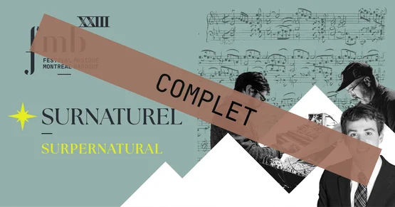 Vignette turquoise avec le logo du Festival, le titre du concert et des photos des trois musiciens du concert superposé sur une partition manuscrite de Bach