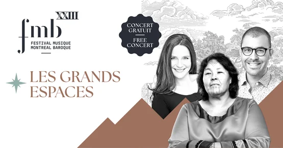 Le logo du Festival, le titre du concert et des photos de Nina Segalowitz, Vincent Lauzer et Johanne Couture sur un dessin de paysage