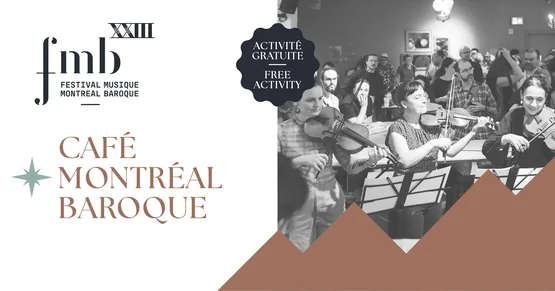 Le logo du Festival, le titre du concert une photo d'une salle ou festivaliers et festivalières qui se parlent et font de la belle musique