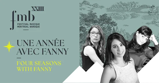 Vignette turquoise avec le logo du Festival, le titre du concert et une photo de chaque pianofortiste, superposé sur un dessin de la campagne