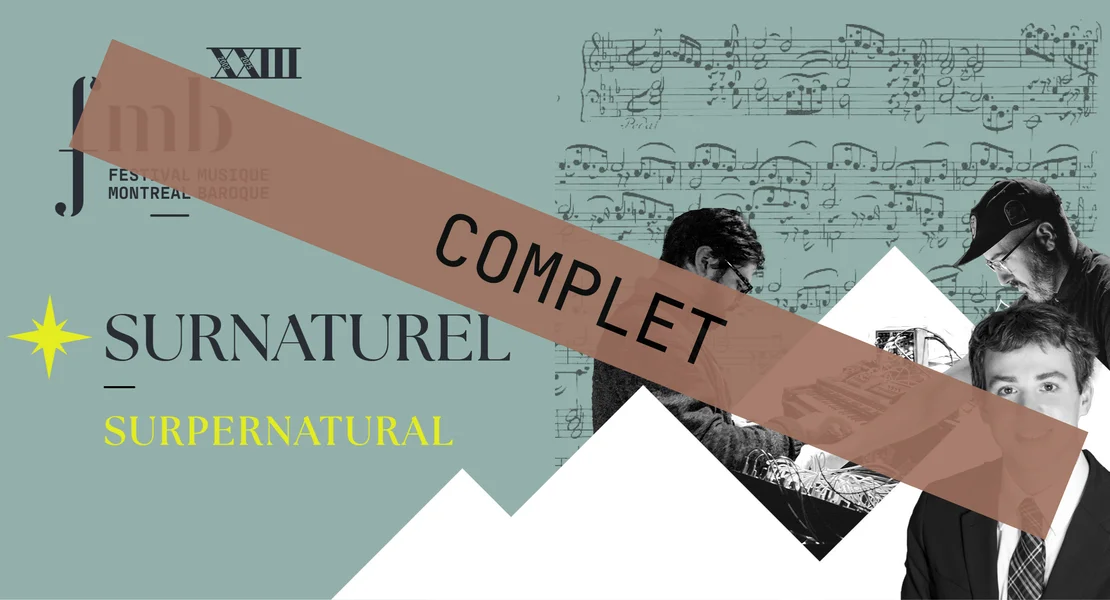 Vignette turquoise avec le logo du Festival, le titre du concert et des photos des trois musiciens du concert superposé sur une partition manuscrite de Bach