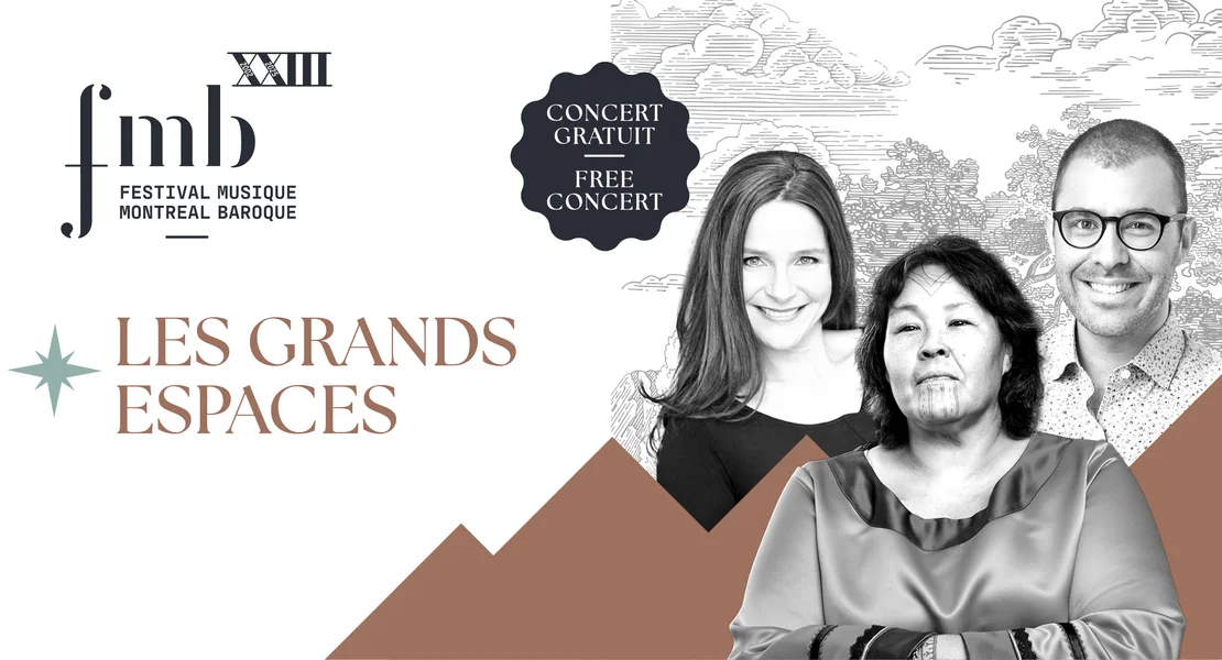 Le logo du Festival, le titre du concert et des photos de Nina Segalowitz, Vincent Lauzer et Johanne Couture sur un dessin de paysage