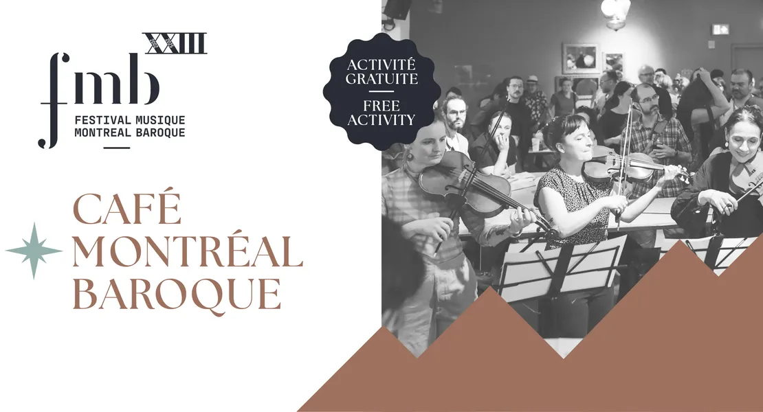 Le logo du Festival, le titre du concert une photo d'une salle ou festivaliers et festivalières qui se parlent et font de la belle musique